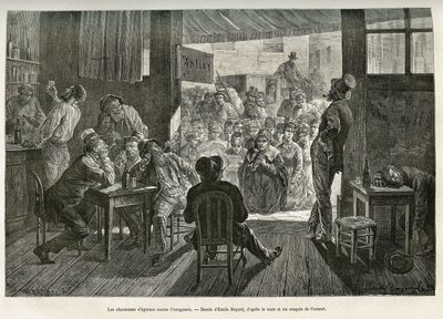 Äiti Careyn juoppolaulun laulajat kokoontuivat ohiolaisen viskibaarin sisäänkäynnille taistelemaan alkoholismia vastaan. Emile Bayardin piirustus havainnollistamaan tarinaa La conquete blanche, William Hepworth Dixon, vuonna 1875, julkaistu "Le tour du mon tekijältä Emile Antoine Bayard