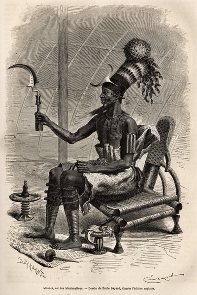 Mounza, Mombuttousin (Sudanin heimon) kuningas, sämpylän päähine, joka on peitetty papukaijan höyhenillä koristellulla sylinterimäisellä päällyslakalla, otsaan kiinnitetty puolikuun muotoinen kuparilevy, kaulan ympärillä kuparisten säleiden kaulus ja pääll tekijältä Emile Antoine Bayard