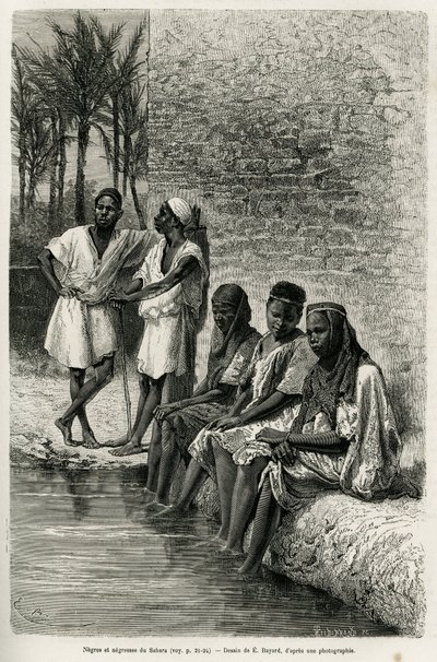 Saharan negret ja negret, Oued Rihrin rannoilla. E. Bayardin kaiverrus havainnollistamaan Algerian Saharaa, V. Largeau, vuosina 1874-1878, julkaistu Tour du mondessa, Edouard Chartonin (1807-1890) johdolla tekijältä Emile Antoine Bayard