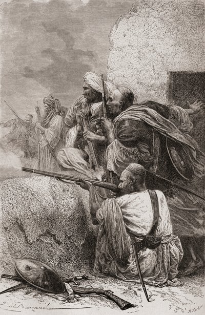 Pohjois-Afganistanilaiset kapinalliset taistelevat brittejä vastaan Hazaran vuoristossa Pakistanissa brittivallan aikana, 1878 tekijältä Emile Antoine Bayard