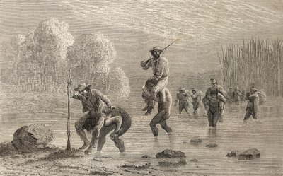 Chuncho-intiaanit kantoivat Paul Marcoyta ja hänen retkikuntaansa Argentiinan suon yli vuonna 1874, kuvitus teoksesta "The World in the Hands", julkaistu 1878 tekijältä Emile Antoine Bayard