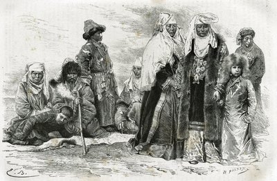 Köyhät ja rikkaat kirgisianaiset. Kaiverrus Emile Bayard, havainnollistaa matkavaikutelmia Orenburgista Samarkandiin, Marie de Ujfalvy-Bourdon, vuosina 1876-1878, Tour du monde, ohjaaja Edouard Charton tekijältä Emile Antoine Bayard
