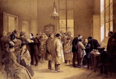 Raivotautirokotus: Louis Pasteur (1822-1895) vetosi faneihin, kun taas tohtori Gaucher rokotti venäläistä lasta, Joseph Meisteriä, raivotautia vastaan 6.7.1885 Ulm Streetin laboratoriossa." Emile Bayardin (1837-1891) vedokset 1886 Pariisi, Musee Pasteur tekijältä Emile Antoine Bayard