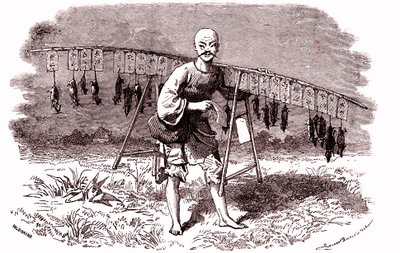 Rotan tappaja Kiinassa. 1874 (kaiverrus) tekijältä Emile Antoine Bayard