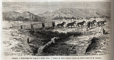 Tyhjien vaunujen kokoaminen vuoden 1864 kaivausten aikana Pompejissa, Emile Bayardin (1837-1891) piirustus havainnollistamaan Marc Monnierin (1829-1885) tekstiä "" Pompei ja pompeilaiset"". Kaiverrus kirjassa "" Le tour du monde", toimittanut Edouard Chart tekijältä Emile Antoine Bayard