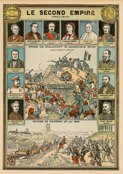 Toinen imperiumi 1852-1870 - Malakofin vangitseminen 8. syyskuuta 1855 - Solferinon voitto 24. kesäkuuta 1859 - Emile Ollivier, Baron Haussmann, Napoleon III, keisari Eugenia, paavi Pius 9, Marechal Niel, Victor Emmanuel (Victor Emmanuel (Victor Emmanuel)  tekijältä Emile Antoine Bayard
