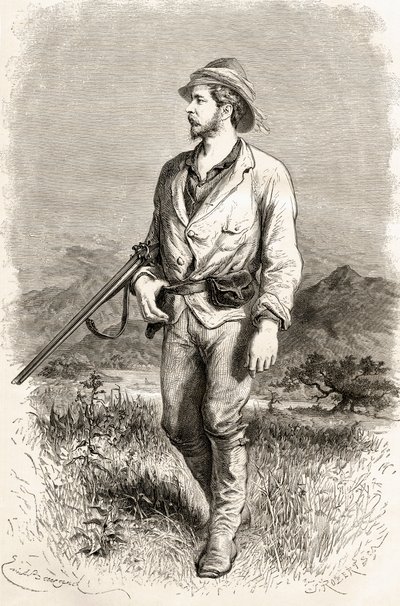 Sir Henry Morton Stanley, kuvitus teoksesta "The World in the Hands", J. Robertin kaivertama, julkaistu 1878 tekijältä Emile Antoine Bayard