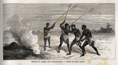 Durrarumpalit, ounyamouezissa (Suurten järvien alueella, Afrikka), Emile Bayardin (1837-1891) piirros kuvaa kapteeni Speken löytömatkaa Afrikassa vuosina 1860-1863. Kaiverrus kirjaan "" Le tour du monde", toimittanut Edouard Charton tekijältä Emile Antoine Bayard