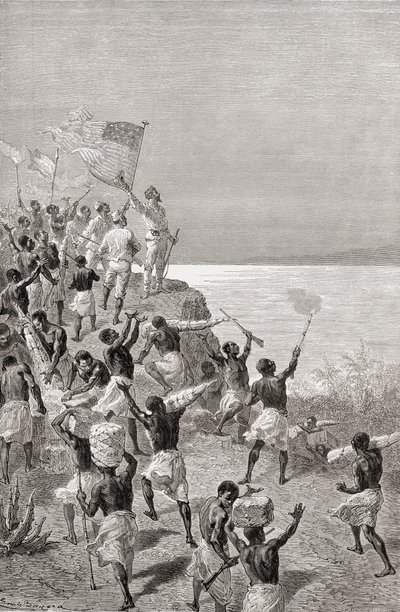 Stanley ja hänen tutkimusmatkansa ensimmäinen havainto Tanganyikasta Itä-Afrikassa vuonna 1872, kuvitus teoksesta "The World in the Hands", julkaistu 1878 tekijältä Emile Antoine Bayard
