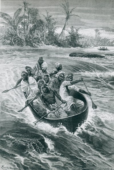 Stanley voittaa Kongo-joen kosken Emile Bayardin piirtämänä tekijältä Emile Antoine Bayard