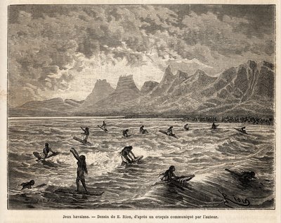 Surffausta, havaijilaisten suosikkipelien harjoittelua, täällä naiset tasapainossa, seisovat tai istuvat, laudalla, crete des waves, jotka tuovat heidät takaisin rannalle, kaiverruksella Emile Bayardin piirustuksen mukaan, havainnollistaen matkaa Sandwichi tekijältä Emile Antoine Bayard