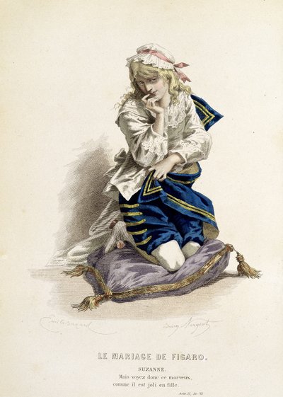 Suzanne teoksessa "" The Marriage of Figaro"" - teoksessa "" Complete Works of Beaumarchais"", Emile Bayardin piirustukset, toim. Laplace Sanchez & cie, Pariisi tekijältä Emile Antoine Bayard