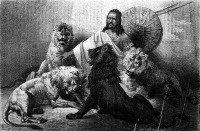 Abessinian keisari (ras) Theodoros leijonien ympäröimänä. kaiverrus 1800-luvun puolivälistä. Kuvitus Emile Bayard. tekijältä Emile Antoine Bayard