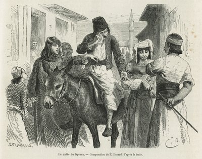 Leproux Quest in Chio, piirros Emile Bayard, havainnollistamaan tarinaa "Chion saari" (Itä-Turkki), vuonna 1877, tohtori A.Testevuide. Kaiverrus kirjassa Le tour du monde tekijältä Emile Antoine Bayard