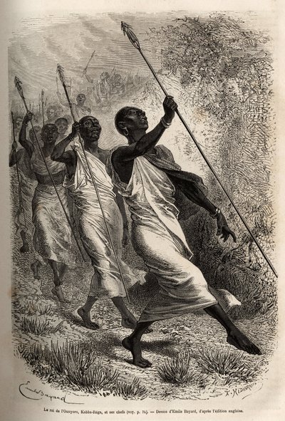 Ounyoron (Itä-Sudan) kuninkaan Kabba Regan ja hänen hovipäälliköidensä saapuminen Sir Bakerin leiriin viralliselle vierailulle, joka on kaiverrettu Emile Bayardin piirustuksen jälkeen, joka havainnollistaa retkikuntaa Keski-Afrikassa, jonka tarkoituksena o tekijältä Emile Antoine Bayard