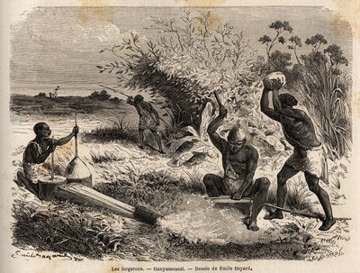 Seppiä Ounyamouezissa (Suurten järvien alue, Afrikka), Emile Bayardin (1837-1891) piirros, joka kuvaa kapteeni Speken Afrikan löytöretkeä vuosina 1860-1863. Kaiverrus teoksessa "Le tour du monde", toimittanut Edouard Charton. tekijältä Emile Antoine Bayard