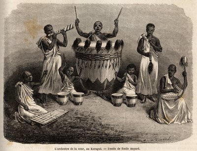 Hoviorkesteri Karaguessa (Victoria-järven länsipuolella, nykyinen Zimbabwe), Emile Bayardin (1837-1891) piirustus kuvaa kapteeni Speken löytömatkaa Afrikassa vuosina 1860-1863. Kaiverrus "" Le tour du monde ””, editoi Edouard Char tekijältä Emile Antoine Bayard