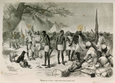 Retkikunnan röyhkeät kuljettajat asettivat ketjuun Emile Bayardin piirtäen havainnollistamaan tarinaa: Afrikkaa, Sansibarista (Tansania) Benguelaan (Angolaan), vuosina 1872–1876, luutnantti V.H.Cameron. Kaiverrus kirjassa Le tour du monde tekijältä Emile Antoine Bayard