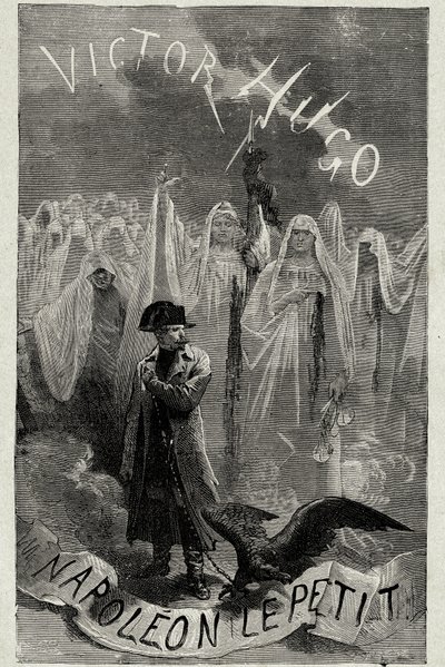 Victor Hugon kirjan "" Napoleon the Little"" nimisivu (Napoleon 3 pitelee kotkaketjua). Kaiverrus Emile Bayard. tekijältä Emile Antoine Bayard