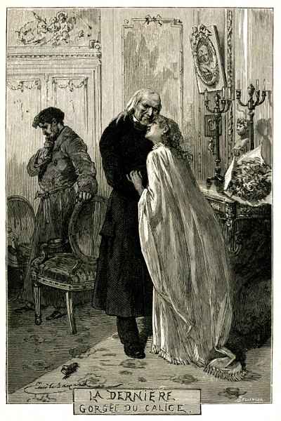 Victor Hugo "Onnelliset", "The Last Gorgee of the Chalice". Kuvitus Emile Bayard. Entinen fortaatti Jean Valjean tuli vanhaksi Cosetten ja Mariuksen kanssa. Kaiverrus painoksesta Ollendorff 1906. tekijältä Emile Antoine Bayard