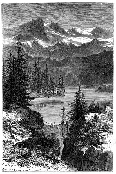 Näkymä Alpeille: metsä, järvi, huiput. Emile Bayardin kuvitus kirjalle Les Montagnes d