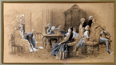 Kirjailija Alexandre Dumas Jr. (1824-1895) lukee Emile Bayardin (1837-1891) 1800-luvun Villers Cotteretsin teoksiaan Lavis d