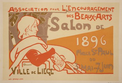 Jäljennös julisteesta, joka mainostaa Association for the Encouragement of Fine Arts -yhdistyksen vuoden 1896 salonkinäyttelyä, Place St. Paul, Liege tekijältä Émile Berchmans