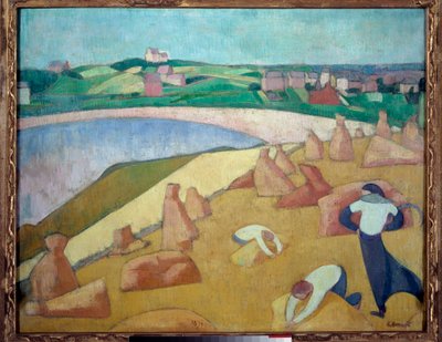 Sadonkorjuu meren rannalla, Saint Briac sur mer vuonna 1891. Emile Bernardin maalaus (1868-1941) tekijältä Emile Bernard