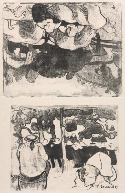 Les Bretonneries: Breton-naiset heinäsuovasta (Bretonnes Faisant les Foins) ja häät Bretagnessa (La Noce en Bretange) tekijältä Emile Bernard