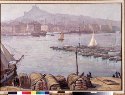 Marseillen vanha satama ja Notre-Dame-de-la-Garde (Notre-Dame-de-la-Garde), jota kutsutaan myös Hyväksi äidiksi”” Emile Bernardin (1868-1941) maalaus 1929 Dim. 77,5x107 cm Pakollinen maininta: Kokoelman perusterveiset Provencesta, Marseillesta tekijältä Emile Bernard