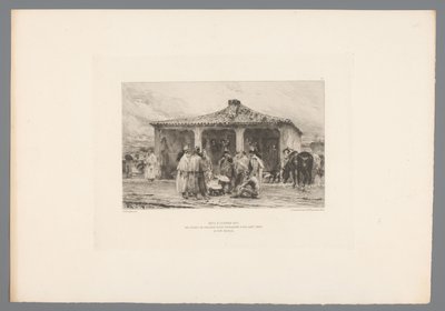 Ryhmäsotilas leirillä Metz 8. lokakuuta 1870/ Yksittäisten ratsuväen sotilaiden bivouac Place Saint Simonilla Fort Moselissa (otsikko esineessä) France etsen uit 1875 (sarjan nimi) Etsaus vuonna 1875 (sarjan nimi) tekijältä Emile Boilvin