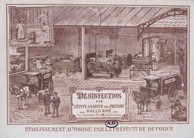 Julistemainos Machinery for Desinfiction by Steam valmistanut Hallu Aine, 1800-luvun loppu tekijältä Emile Bourdelin