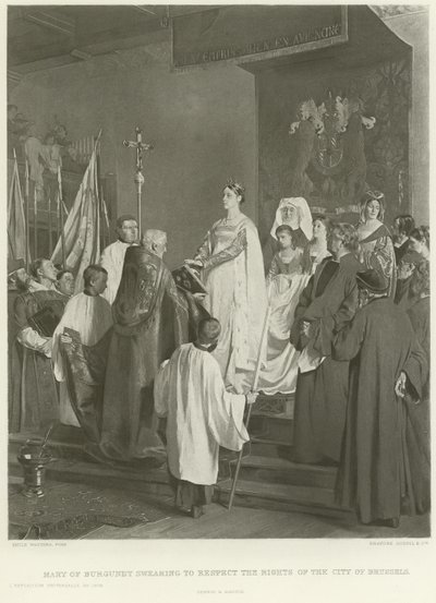 Maria Burgundy vannoo kunnioittavansa Brysselin kaupungin oikeuksia (syväpaino) tekijältä Emile Charles Wauters