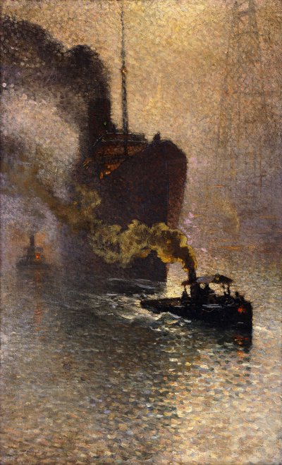 In Tow on the Thames in the Sumu; Escorte sur la Tamise dans le Brouillard - Taken in Tow on the Thames, 1918 tekijältä Emile Claus