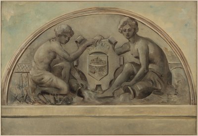 Luonnos Alfortvillen koulukompleksin sokkelia varten: Seine ja Marne kehystävät Alfortvillen vaakunaa, 1898 (öljy kankaalle). tekijältä Emile Delbos