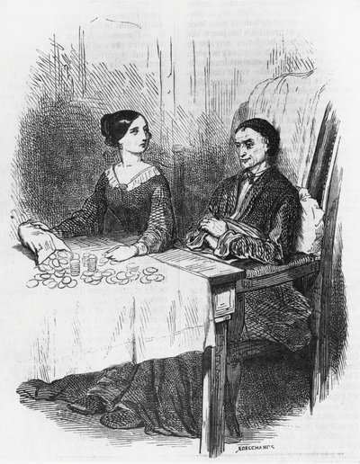 Kuvitus Eugenie Grandetille, Honore de Balzacin (1799-1850) romaani moniosaisesta kokoelmasta Human Comedy, kaiverrus Emile Deschamps (1822-1893) tekijältä Emile Deschamps