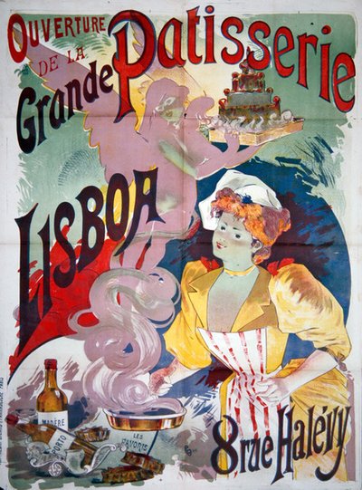 Juliste, jossa mainostetaan Grande Patisserie Lisboan avajaisia Pariisissa, n. 1895 (värilitografia). tekijältä Emile Georges Giran