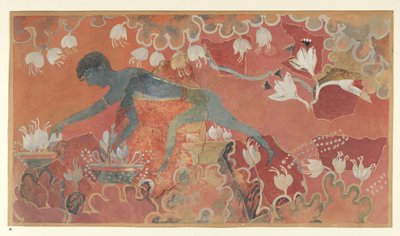 Maalaus Blue Monkey Saffron Gatherer -freskosta Knossoksen Minoksen palatsista (Evansin freskopiirros L/3 a), noin 1921 (paperi, pigmentti) tekijältä Emile Gilliéron