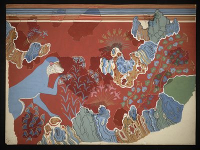 Sinisen apinan maalaus kalliomaiseman freskossa Knossoksen freskojen talosta (Evansin freskopiirros C/6), noin 1928 (paperi, pigmentti) tekijältä Emile Gilliéron