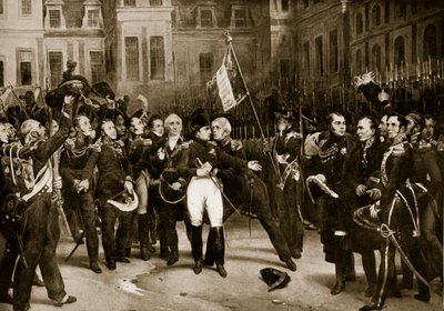 Napoleonin jäähyväiset kenraaleilleen Fontainbleaussa, 1814, kuvitus teoksesta "Hutchinson