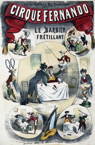 Cirque Fernando: Kirjoittava parturi - Lévyn juliste, 1800-luvun loppu tekijältä Emile Levy