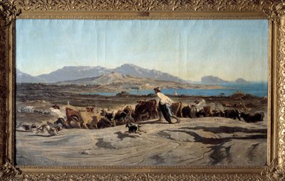 Näkymä Marseillesta otettuna Aygaladeista, päiväkävely Etualalla nuorten paimenten lauman kanssa. Emile Loubonin (1809-1863) maalaus 1853 Dim. 1,40 x 2,60 m Marseille. Kuvataidemuseo tekijältä Emile Loubon