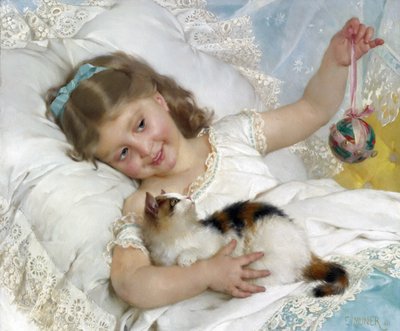 Lapsi ja kissa par Munier, Emile (1840-1895). Öljy kankaalle, koko: 54,6x65,4, , Yksityiskokoelma tekijältä Emile Munier
