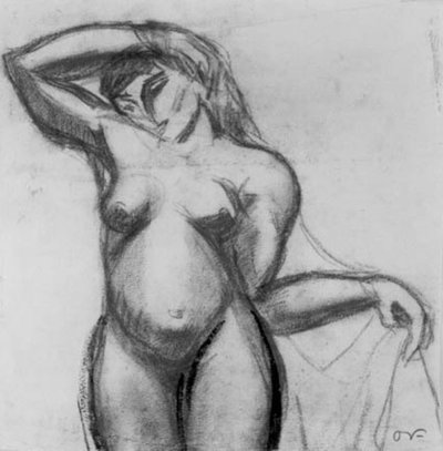 Kuviotutkimus. Seisova nainen kasvot verhoilla. tekijältä Emile Othon Friesz