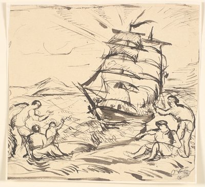 Rannikkomaisema, purjelaiva ja elehtiviä hahmoja. tekijältä Emile Othon Friesz