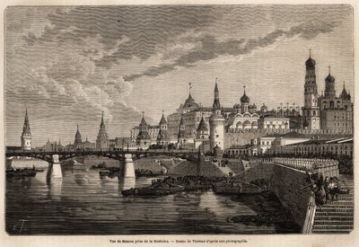Yleiskuva Moskovasta, otettu Moskowasta, Therondin piirustus havainnollistamaan Ranskan ministeri de Bourboulonin matkaa Shanghaista Moskovaan vuosina 1859-1862. Kaiverrus kirjassa "" Le tour du monde", toimittanut Edouard Charton tekijältä Emile Theodore Therond