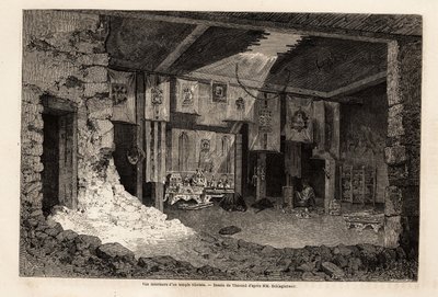 Therondin piirustus tiibetiläisen temppelin sisäpuolelta havainnollistamaan Vivien de Saint Martinin yhteenvetoa maantieteellisestä vuodesta 1862. Kaiverrus kirjassa "" Le tour du monde", toimittanut Edouard Charton tekijältä Emile Theodore Therond