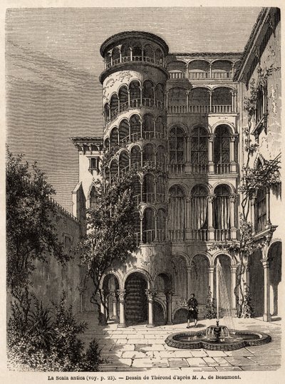 La Scala Antica, Therondin piirustus havainnollistamaan Adalbert de Beaumontin matkaa Venetsiaan noin 1850. Kaiverrus kirjaan "" Le tour du monde", toimittanut Edouard Charton tekijältä Emile Theodore Therond