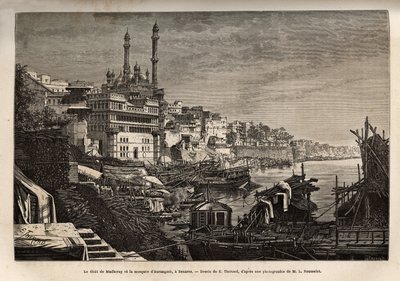 Madhorayn ghat (portaat, jotka peittävät joen rannat, joiden avulla voit laskeutua kosketuksiin veden kanssa) ja Aurangzeb-moskeija Benaresissa, kaiverrettu E. Therondin piirustuksen mukaan, havainnollistaen rajahien matkaa Intiaan vuosina 1864-1868 , kirj tekijältä Emile Theodore Therond