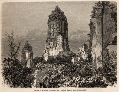 Therondin piirtämät rauniot viidakon kasvillisuudesta Ajuthiassa (Thaimaa), havainnollistamaan Henri Mouhotin matkaa Siamin, Kambodžan ja Laosin valtakuntien läpi vuosina 1858–1861. Kaiverrus kirjassa "" Le tour du monde", toimittanut Edouard tekijältä Emile Theodore Therond